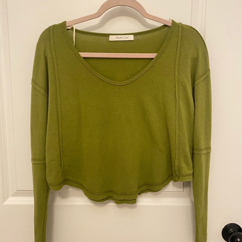 Mustard Seed Green Cropped Boxy Long Sleeve Hoodie